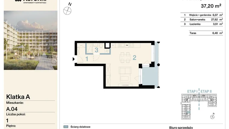Rzut - Mieszkanie na sprzedaż 1 pokój o powierzchni 37,2 m² - numer A.04 w Koronki Apartamenty Korfantego - Etap I