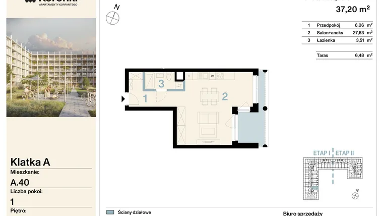 Rzut - Mieszkanie na sprzedaż 1 pokój o powierzchni 37,2 m² - numer A.40 w Koronki Apartamenty Korfantego - Etap I