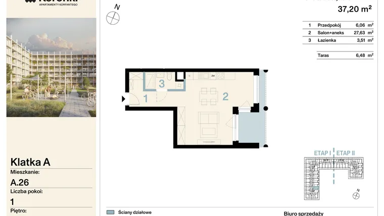 Rzut - Mieszkanie na sprzedaż 1 pokój o powierzchni 37,2 m² - numer A.26 w Koronki Apartamenty Korfantego - Etap I