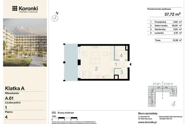 Rzut - Mieszkanie na sprzedaż 1 pokój o powierzchni 37,72 m² - numer A.61 w Koronki Apartamenty Korfantego - Etap I