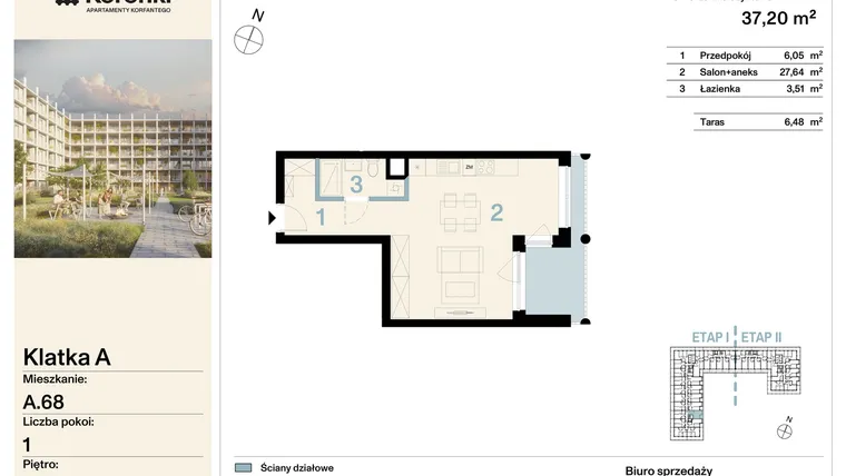 Rzut - Mieszkanie na sprzedaż 1 pokój o powierzchni 37,2 m² - numer A.68 w Koronki Apartamenty Korfantego - Etap I