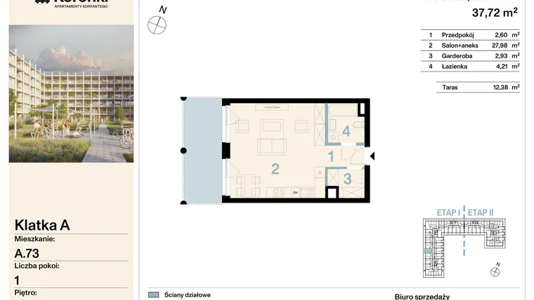 Rzut - Mieszkanie na sprzedaż 1 pokój o powierzchni 37,72 m² - numer A.73 w Koronki Apartamenty Korfantego - Etap I