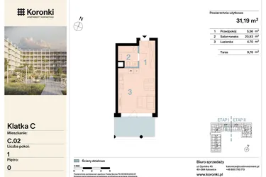 Rzut - Mieszkanie na sprzedaż 1 pokój o powierzchni 31,19 m² - numer C.02 w Koronki Apartamenty Korfantego - Etap I