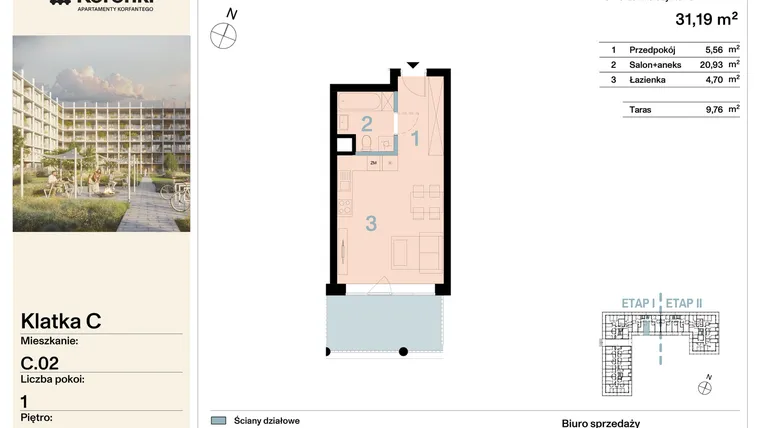 Rzut - Mieszkanie na sprzedaż 1 pokój o powierzchni 31,19 m² - numer C.02 w Koronki Apartamenty Korfantego - Etap I