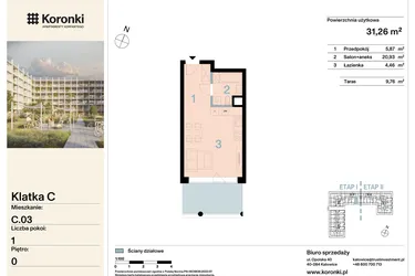 Rzut - Mieszkanie na sprzedaż 1 pokój o powierzchni 31,26 m² - numer C.03 w Koronki Apartamenty Korfantego - Etap I