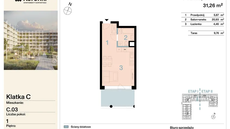 Rzut - Mieszkanie na sprzedaż 1 pokój o powierzchni 31,26 m² - numer C.03 w Koronki Apartamenty Korfantego - Etap I