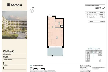 Rzut - Mieszkanie na sprzedaż 1 pokój o powierzchni 31,26 m² - numer C.06 w Koronki Apartamenty Korfantego - Etap I