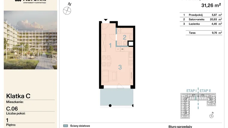 Rzut - Mieszkanie na sprzedaż 1 pokój o powierzchni 31,26 m² - numer C.06 w Koronki Apartamenty Korfantego - Etap I