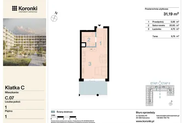 Rzut - Mieszkanie na sprzedaż 1 pokój o powierzchni 31,19 m² - numer C.07 w Koronki Apartamenty Korfantego - Etap I