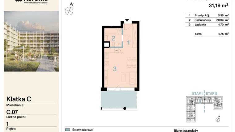 Rzut - Mieszkanie na sprzedaż 1 pokój o powierzchni 31,19 m² - numer C.07 w Koronki Apartamenty Korfantego - Etap I