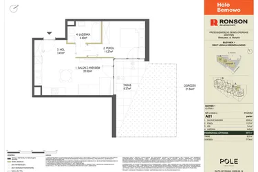 Rzut - Mieszkanie na sprzedaż 2 pokoje o powierzchni 39,73 m² - numer A01 w Halo Bemowo