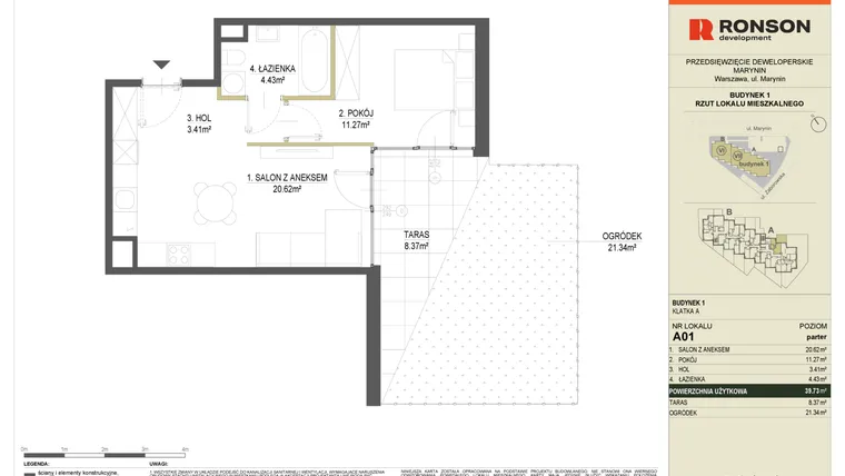 Rzut - Mieszkanie na sprzedaż 2 pokoje o powierzchni 39,73 m² - numer A01 w Halo Bemowo