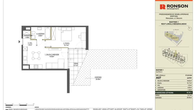 Rzut - Mieszkanie na sprzedaż 2 pokoje o powierzchni 43,16 m² - numer A07 w Halo Bemowo