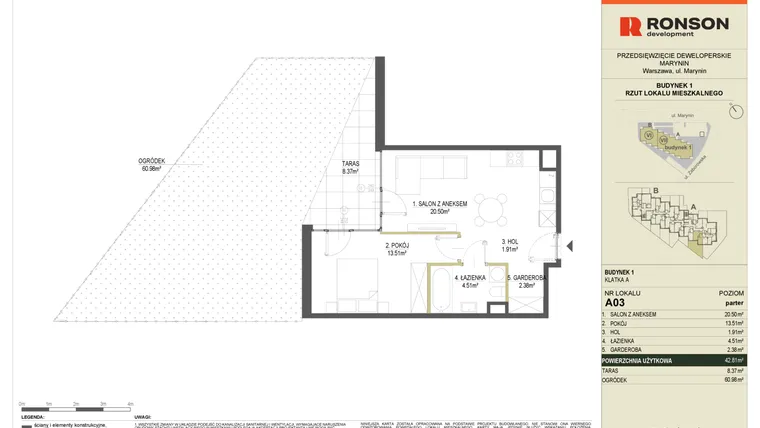 Rzut - Mieszkanie na sprzedaż 2 pokoje o powierzchni 42,81 m² - numer A03 w Halo Bemowo