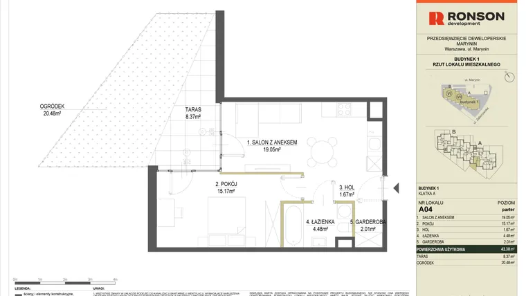 Rzut - Mieszkanie na sprzedaż 2 pokoje o powierzchni 42,38 m² - numer A04 w Halo Bemowo