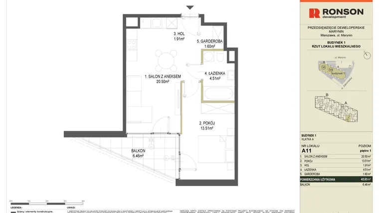Rzut - Mieszkanie na sprzedaż 2 pokoje o powierzchni 42,03 m² - numer A11 w Halo Bemowo