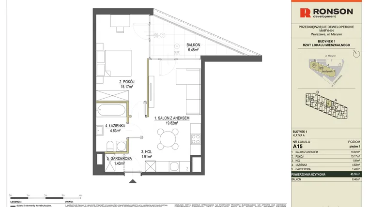 Rzut - Mieszkanie na sprzedaż 2 pokoje o powierzchni 43,16 m² - numer A15 w Halo Bemowo