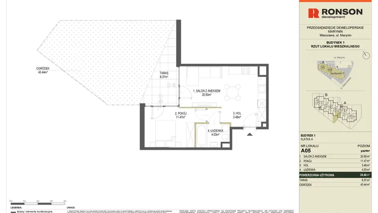 Rzut - Mieszkanie na sprzedaż 2 pokoje o powierzchni 39,48 m² - numer A05 w Halo Bemowo