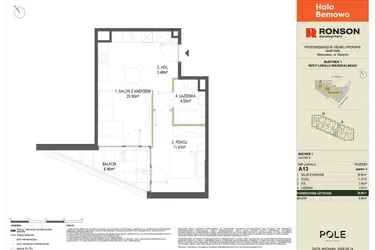 Rzut - Mieszkanie na sprzedaż 2 pokoje o powierzchni 39,48 m² - numer A13 w Halo Bemowo