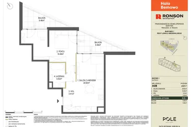 Rzut - Mieszkanie na sprzedaż 2 pokoje o powierzchni 46,95 m² - numer A08 w Halo Bemowo