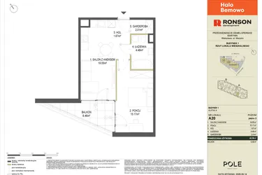 Rzut - Mieszkanie na sprzedaż 2 pokoje o powierzchni 42,38 m² - numer A20 w Halo Bemowo