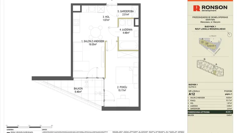 Rzut - Mieszkanie na sprzedaż 2 pokoje o powierzchni 42,38 m² - numer A12 w Halo Bemowo