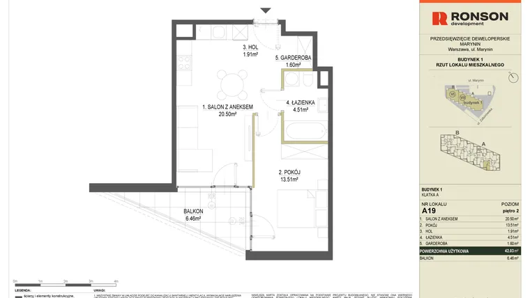 Rzut - Mieszkanie na sprzedaż 2 pokoje o powierzchni 42,03 m² - numer A19 w Halo Bemowo