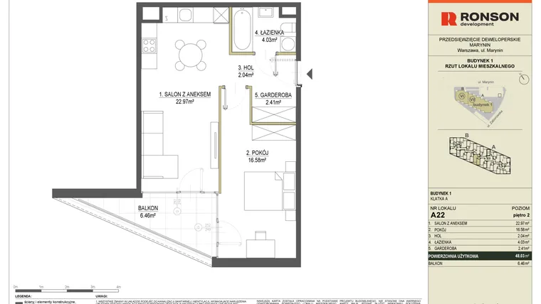 Rzut - Mieszkanie na sprzedaż 2 pokoje o powierzchni 48,03 m² - numer A22 w Halo Bemowo