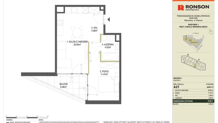 Rzut - Mieszkanie na sprzedaż 2 pokoje o powierzchni 39,48 m² - numer A21 w Halo Bemowo