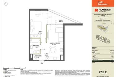 Rzut - Mieszkanie na sprzedaż 2 pokoje o powierzchni 43,16 m² - numer A23 w Halo Bemowo