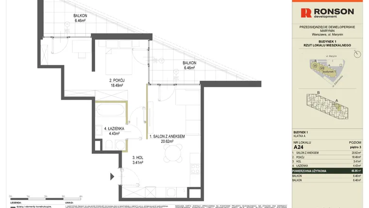 Rzut - Mieszkanie na sprzedaż 2 pokoje o powierzchni 46,95 m² - numer A24 w Halo Bemowo