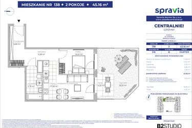 Rzut - Mieszkanie na sprzedaż 2 pokoje o powierzchni 45,16 m² - numer 51E_138 w Centralnie! Czyżyny