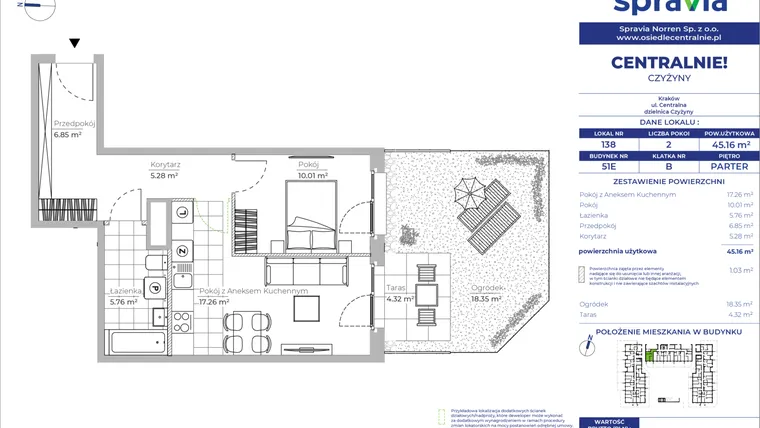 Rzut - Mieszkanie na sprzedaż 2 pokoje o powierzchni 45,16 m² - numer 51E_138 w Centralnie! Czyżyny