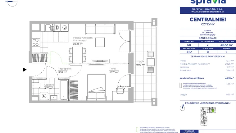 Rzut - Mieszkanie na sprzedaż 2 pokoje o powierzchni 40,53 m² - numer 51D_68 w Centralnie! Czyżyny