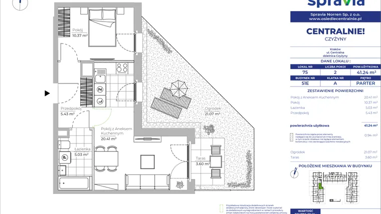 Rzut - Mieszkanie na sprzedaż 2 pokoje o powierzchni 41,24 m² - numer 51E_75 w Centralnie! Czyżyny