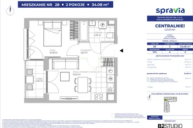 Rzut - Mieszkanie na sprzedaż 2 pokoje o powierzchni 34,08 m² - numer 51D_28 w Centralnie! Czyżyny