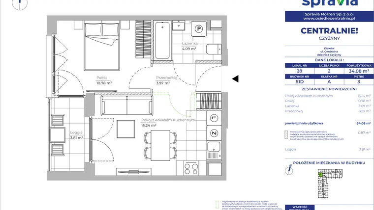 Rzut - Mieszkanie na sprzedaż 2 pokoje o powierzchni 34,08 m² - numer 51D_28 w Centralnie! Czyżyny