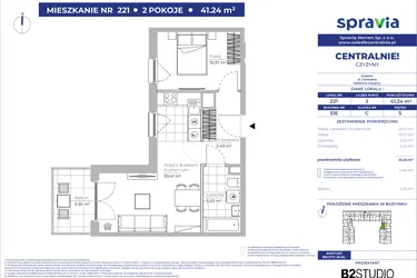 Rzut - Mieszkanie na sprzedaż 2 pokoje o powierzchni 41,24 m² - numer 51E_221 w Centralnie! Czyżyny