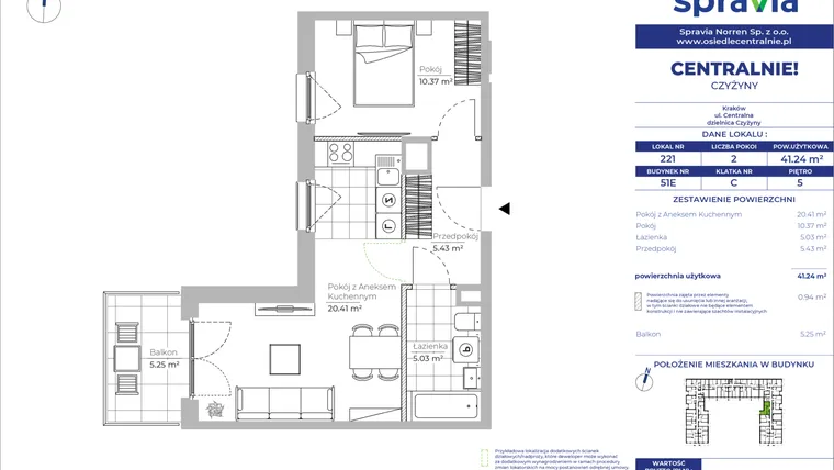 Rzut - Mieszkanie na sprzedaż 2 pokoje o powierzchni 41,24 m² - numer 51E_221 w Centralnie! Czyżyny
