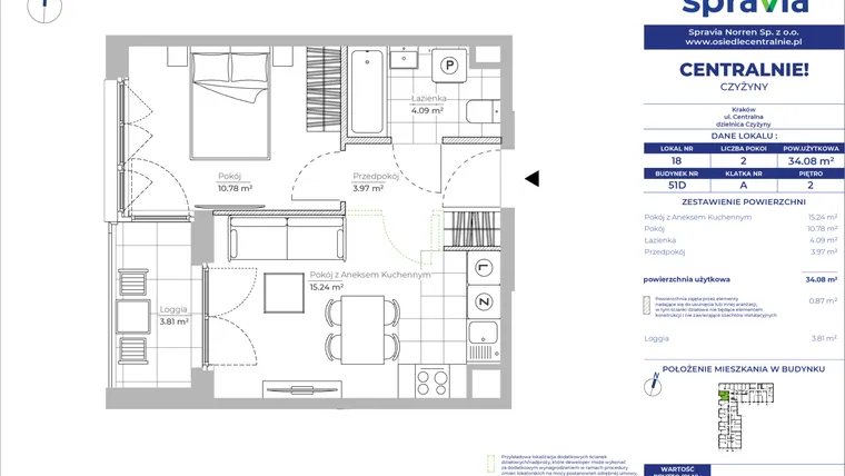Rzut - Mieszkanie na sprzedaż 2 pokoje o powierzchni 34,08 m² - numer 51D_18 w Centralnie! Czyżyny