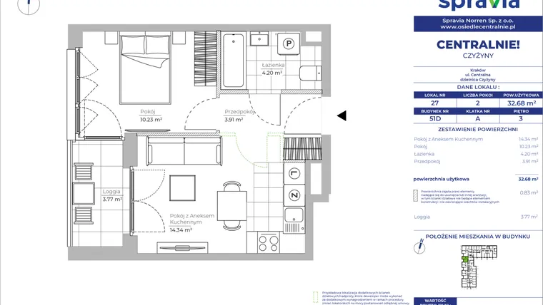 Rzut - Mieszkanie na sprzedaż 2 pokoje o powierzchni 32,68 m² - numer 51D_27 w Centralnie! Czyżyny