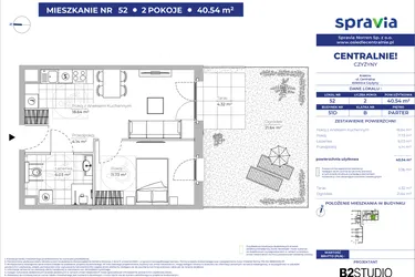 Rzut - Mieszkanie na sprzedaż 2 pokoje o powierzchni 40,54 m² - numer 51D_52 w Centralnie! Czyżyny