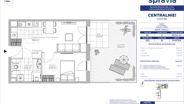 Rzut - Mieszkanie na sprzedaż 2 pokoje o powierzchni 40,54 m² - numer 51D_52 w Centralnie! Czyżyny