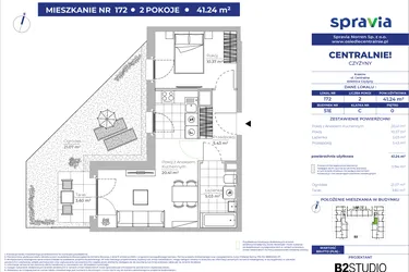 Rzut - Mieszkanie na sprzedaż 2 pokoje o powierzchni 41,24 m² - numer 51E_172 w Centralnie! Czyżyny