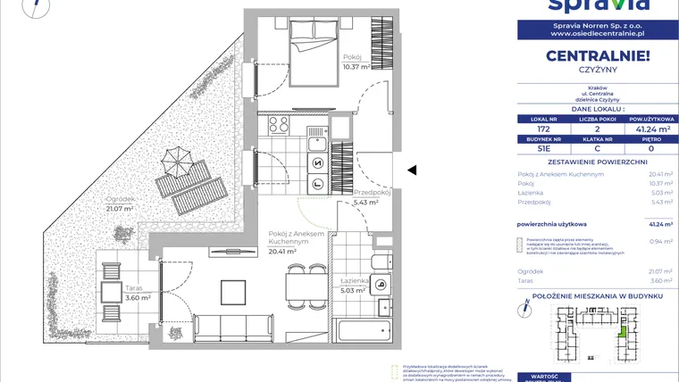 Rzut - Mieszkanie na sprzedaż 2 pokoje o powierzchni 41,24 m² - numer 51E_172 w Centralnie! Czyżyny