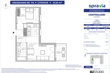 Rzut - Mieszkanie na sprzedaż 2 pokoje o powierzchni 41,24 m² - numer 51E_114 w Centralnie! Czyżyny
