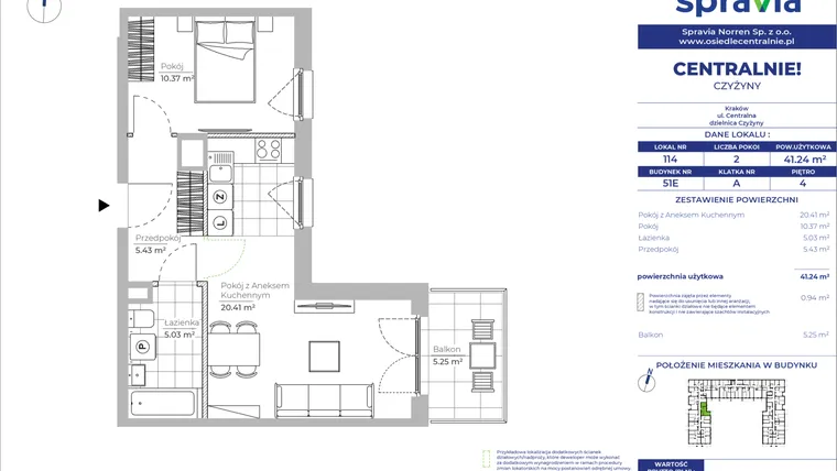 Rzut - Mieszkanie na sprzedaż 2 pokoje o powierzchni 41,24 m² - numer 51E_114 w Centralnie! Czyżyny