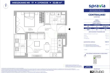 Rzut - Mieszkanie na sprzedaż 2 pokoje o powierzchni 32,68 m² - numer 51D_17 w Centralnie! Czyżyny