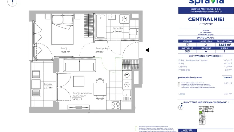 Rzut - Mieszkanie na sprzedaż 2 pokoje o powierzchni 32,68 m² - numer 51D_17 w Centralnie! Czyżyny