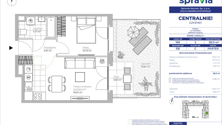 Rzut - Mieszkanie na sprzedaż 2 pokoje o powierzchni 38,11 m² - numer 51E_168 w Centralnie! Czyżyny
